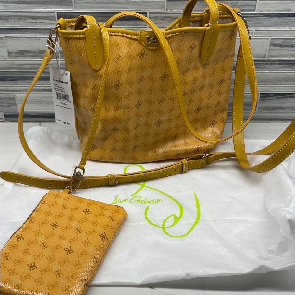Sam Edelman Yellow Logo-Print Tote with Detachable Crossbody Strap with wallet